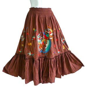 Vintage Peacock Floral Embroidered Folk Maxi Skirt Smocked Ruffle Linen Cotton L